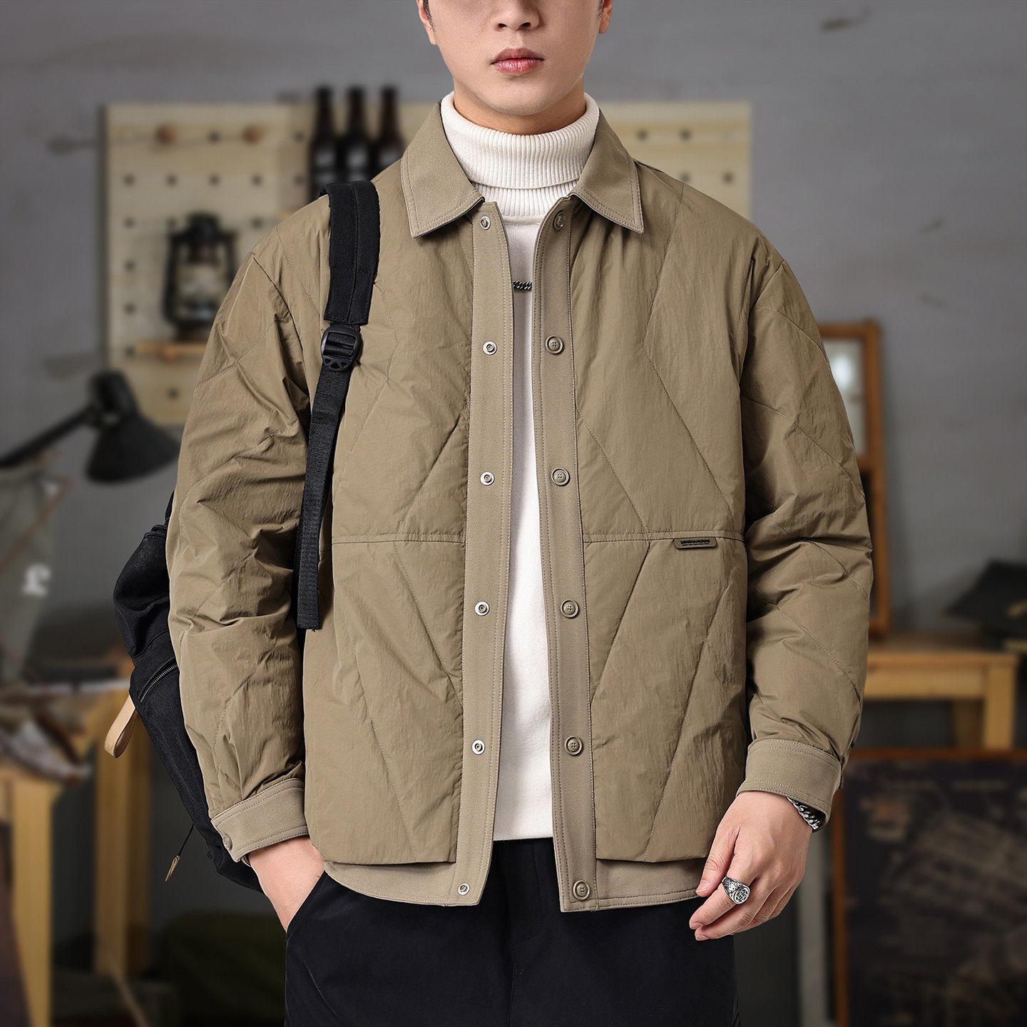 冬季假两件菱格羽绒服男2026新款衬衫式防风棉袄90白鸭绒保暖外套