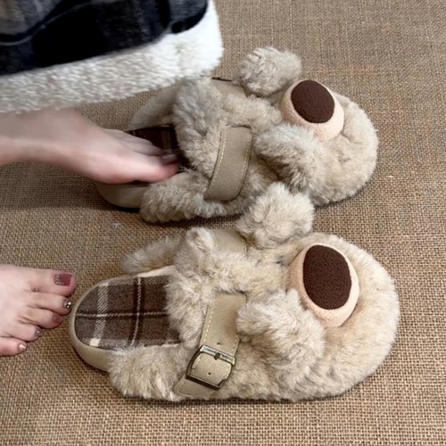 小熊毛毛拖鞋女外穿2025新款厚底保暖超火棉拖鞋冬季可爱毛绒棉鞋