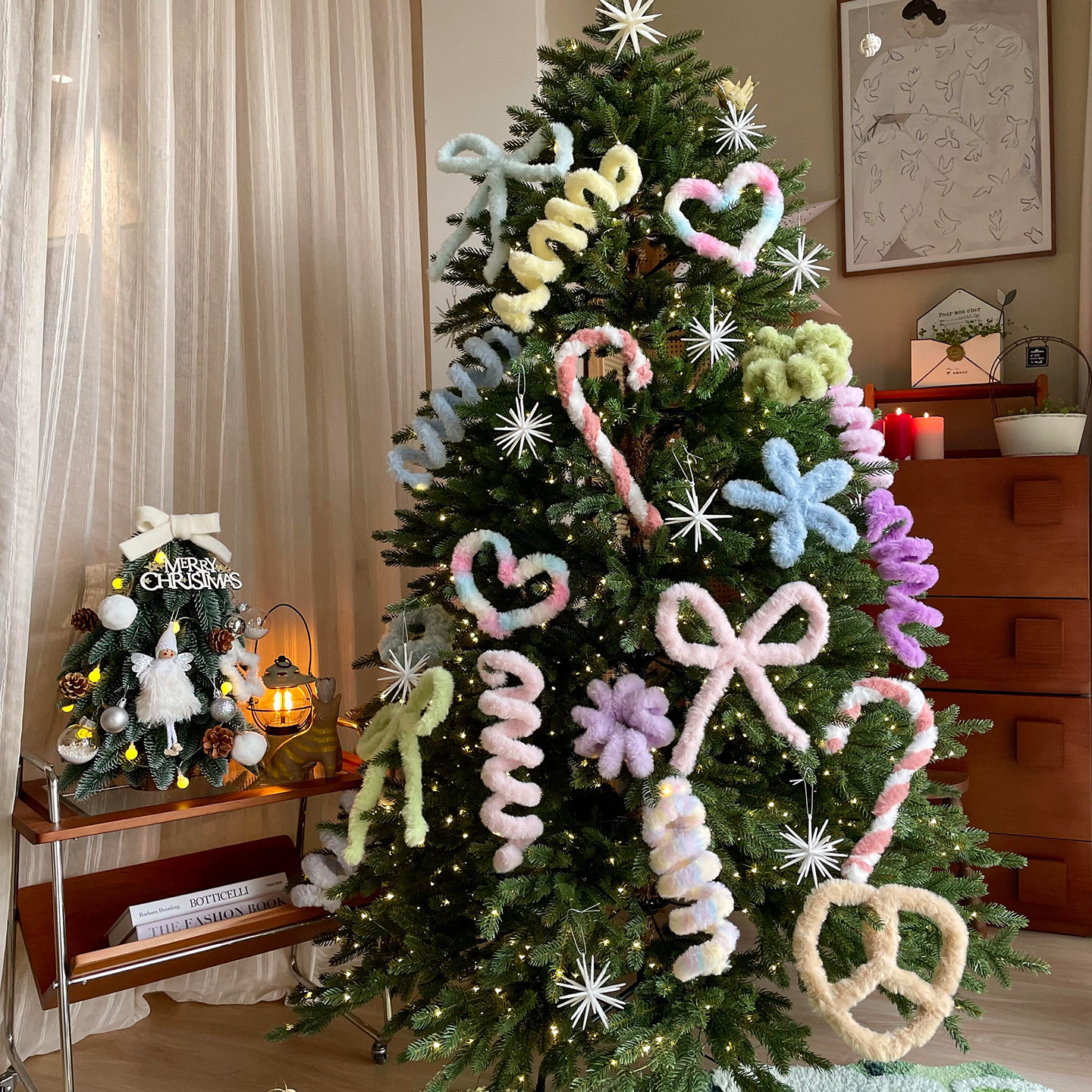 圣诞树装饰兔毛扭扭棒diy蝴蝶结小配件挂饰客厅居家节日氛围布置