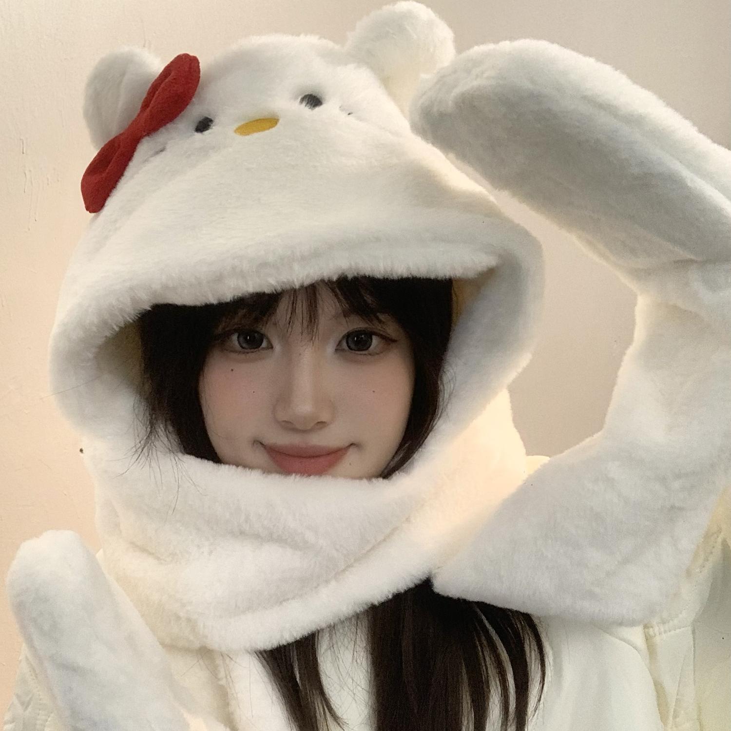hellokitty帽子围巾手套一体帕恰狗kt猫毛绒可爱保暖三件套秋冬女