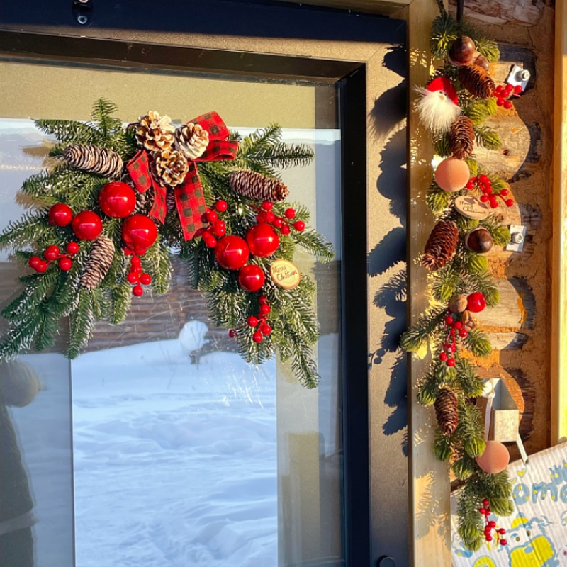 圣诞节花环牛角门挂氛围感店铺门口咖啡馆场景布置藤条装饰挂饰