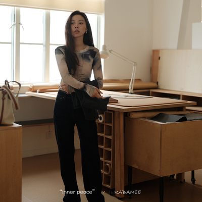 南油高品质小众设计Rabanne晕染网纱美式复古修身显瘦长袖T恤上衣