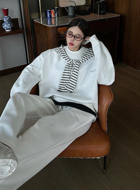 南油小众原创设计mskin6白色休闲卫衣/宽松阔腿休闲卫裤套装两件