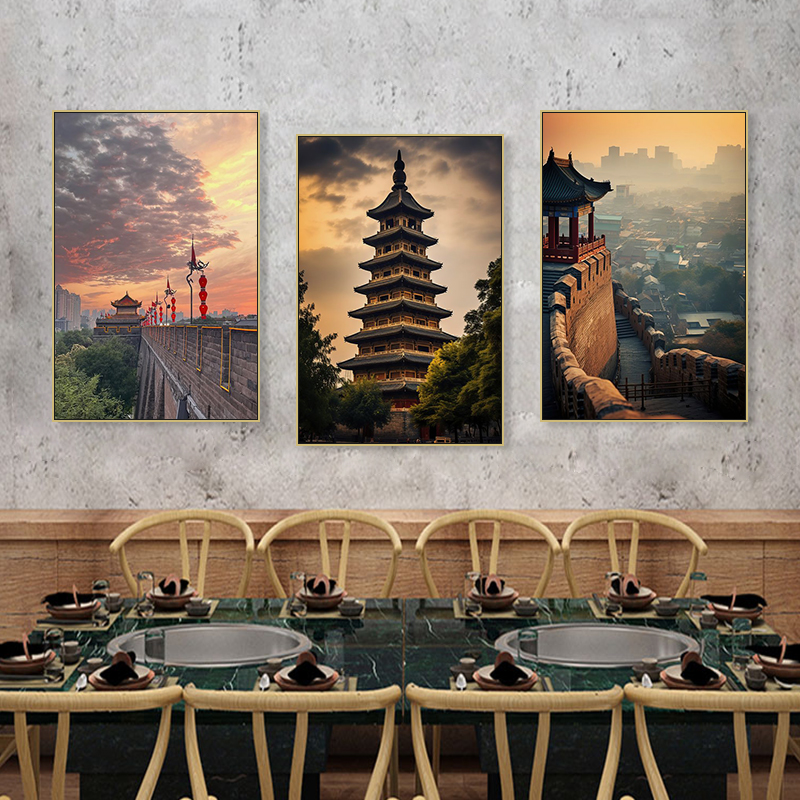 西安陕西装饰画长安风情建筑民宿酒店墙面挂画饭店餐饮店餐厅壁画图片