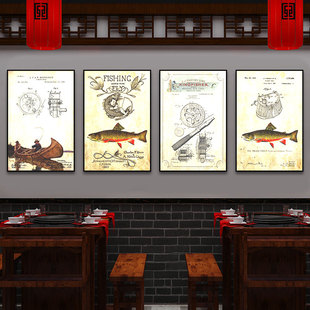 欧美复古风鱼类标本墙面发光装饰画海鲜水产餐厅寿司店挂画壁画
