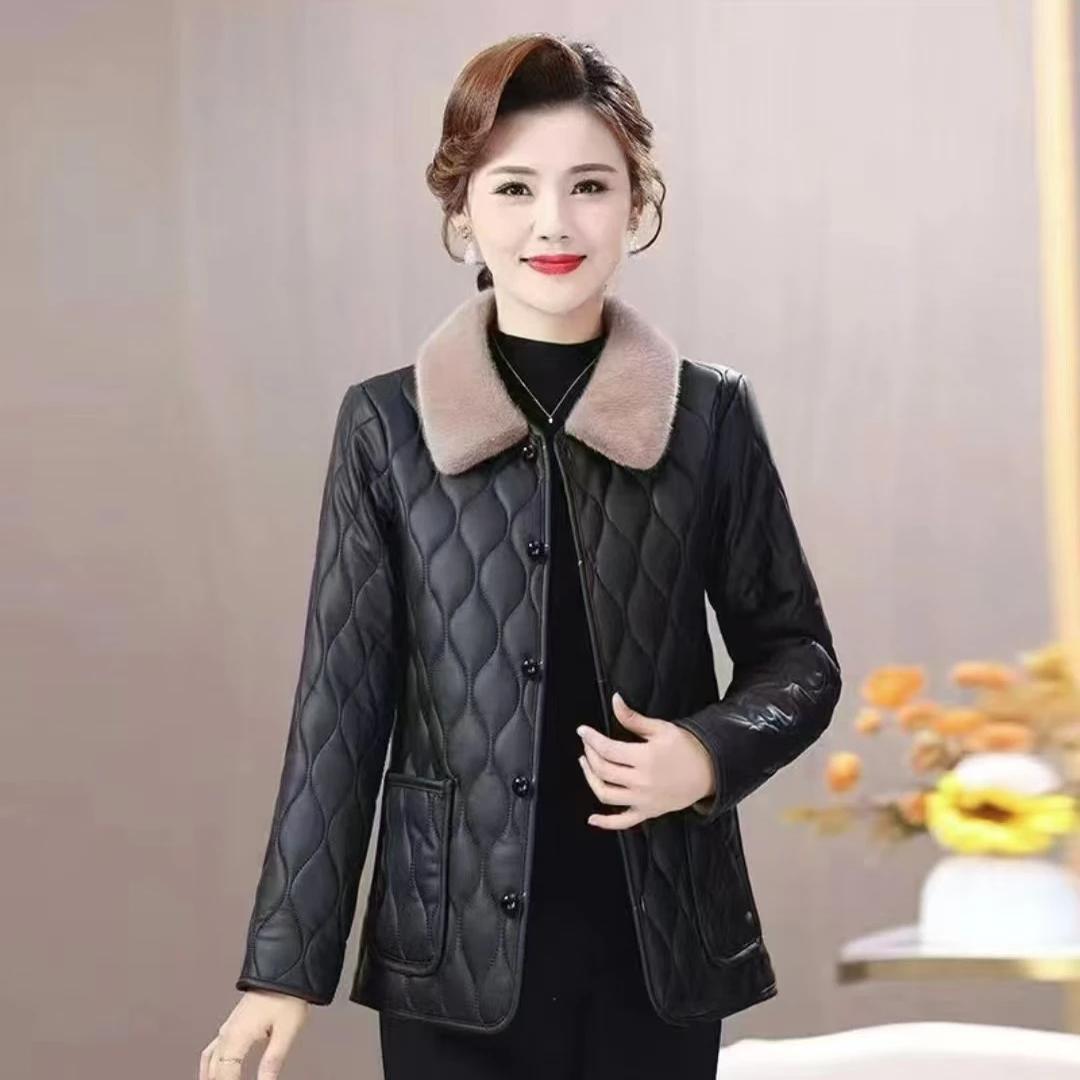 冬季时尚棉衣女士大码洋气新款棉袄外套加绒加厚PU保暖棉袄棉服