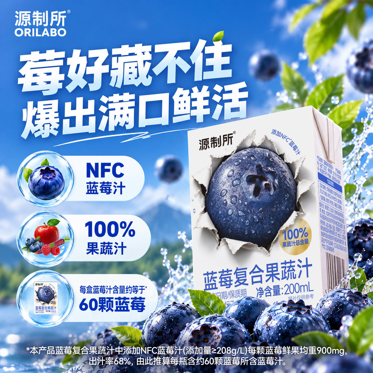 源制所蓝莓汁西梅汁100%复合果蔬汁果汁饮料200ml*12盒整箱装