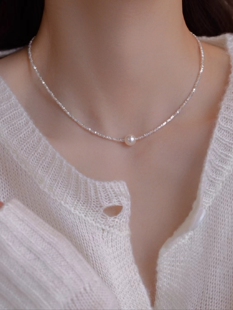 碎银几两珍珠项链女夏日纯银几何锁骨链天然颈链送女友情人节礼物