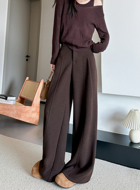咖色桑蚕丝羊毛阔腿裤女秋冬季2025新款美拉德高腰加绒西装弯刀裤