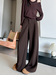 咖色桑蚕丝羊毛阔腿裤女秋冬季2025新款美拉德高腰加绒西装弯刀裤