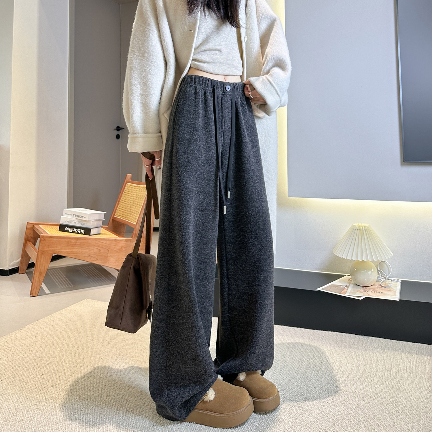 灰色加绒糯米阔腿裤女秋冬高腰宽松bf慵懒风休闲加厚羊毛呢直筒裤