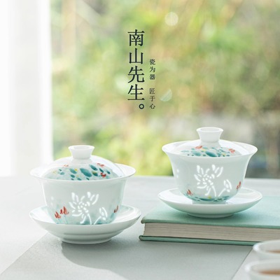 南山先生手绘玉荷三才盖碗