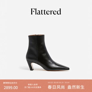 Flattered Xena女士真皮斜高跟尖头短靴通勤冬靴手工靴子踝靴新品