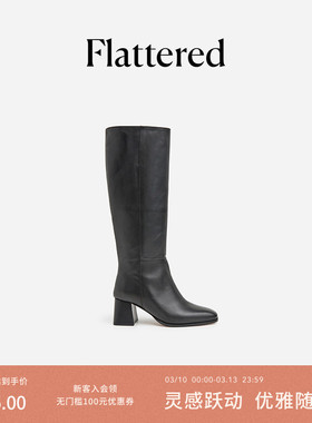 Flattered Colette女士真皮高跟显瘦直筒长靴高筒骑士靴春季单靴