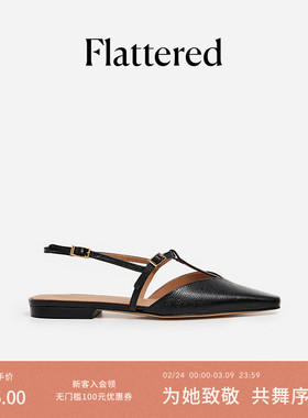 博主同款Flattered Josefin女士牛皮手工鳄鱼压纹尖头T带包头凉鞋