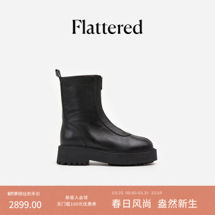 Flattered Alma女士牛皮圆头手工拉链切尔西靴厚底短靴瘦瘦弹力靴