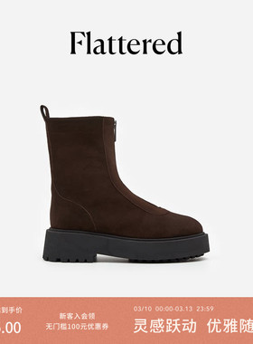 Flattered Alma女士真皮手工拉链切尔西中筒靴粗跟短靴弹力靴秋冬