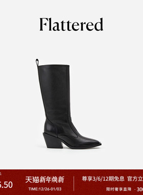 Flattered Carla女士牛皮方头粗跟直筒长靴复古手工西部靴25新款