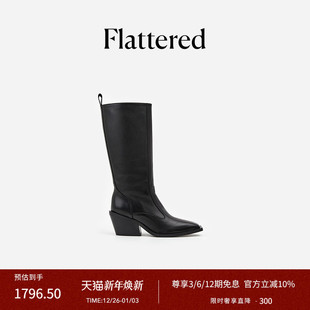 Flattered Carla女士牛皮方头粗跟直筒长靴复古手工西部靴25新款