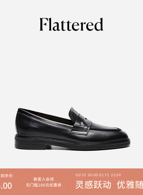 Flattered Sara女士经典牛皮杏头平底手工乐福鞋显瘦通勤皮鞋单鞋