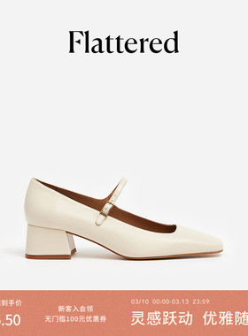 Flattered Evan女士真皮方头粗跟玛丽珍鞋手工小皮鞋婚鞋浅口单鞋