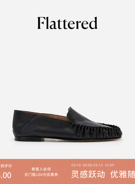Flattered Bon Bon女士软牛皮手工褶皱单鞋圆头一脚蹬两穿乐福鞋