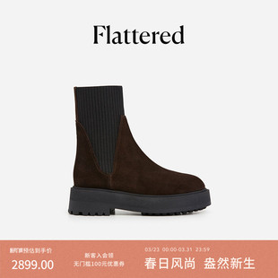 Flattered Aurora女士麂皮厚底切尔西中筒靴粗跟短靴弹力瘦瘦靴子