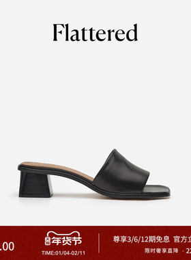 Flattered Jody女士羊皮方头手工穆勒拖粗高跟露趾外穿凉拖鞋新款