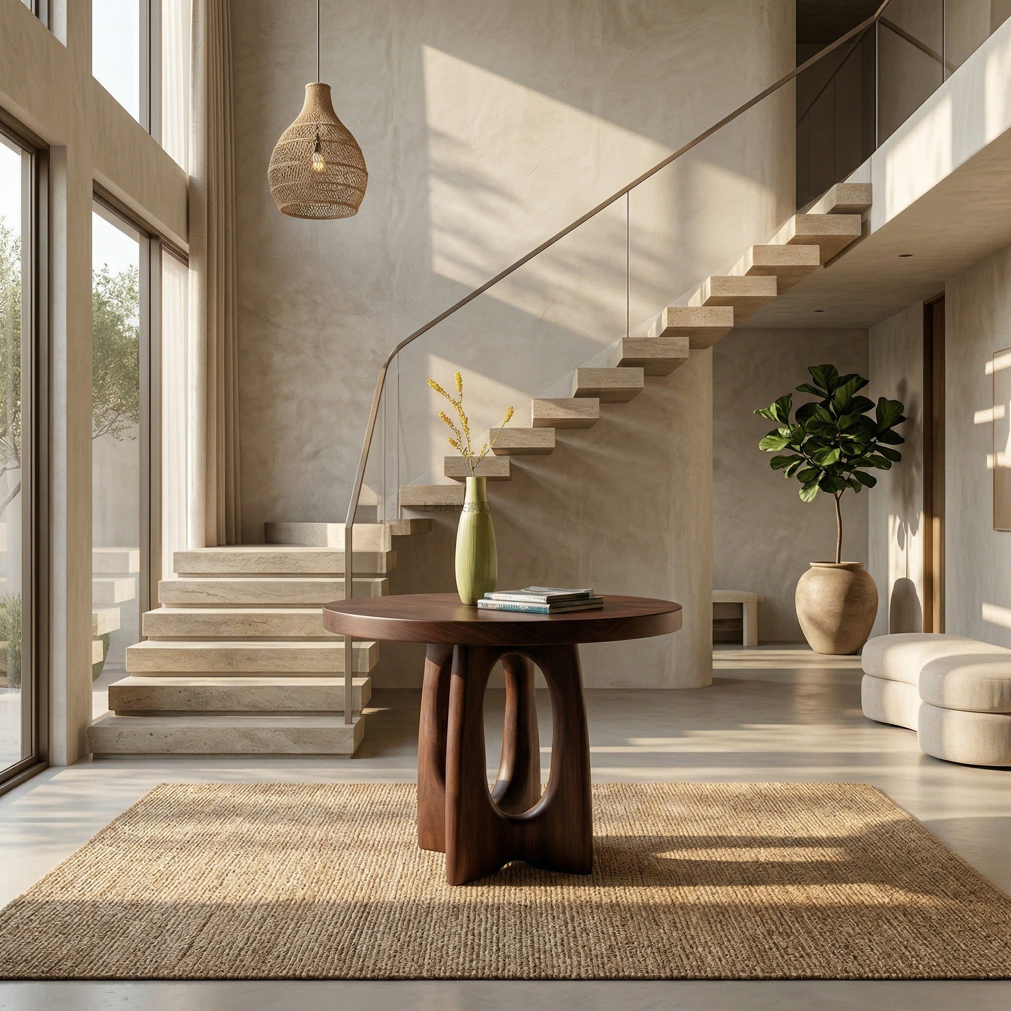 北美黑胡桃原木餐桌中古风实木边几侘寂风圆形角几艺术感镂空桌腿