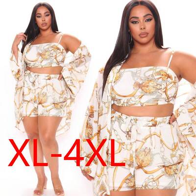 fat women plus size three-piece set tops shorts pants coat