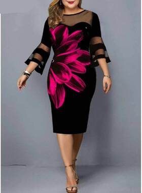 Big size Printed gauze stitching dress印花网纱拼接大码连衣裙