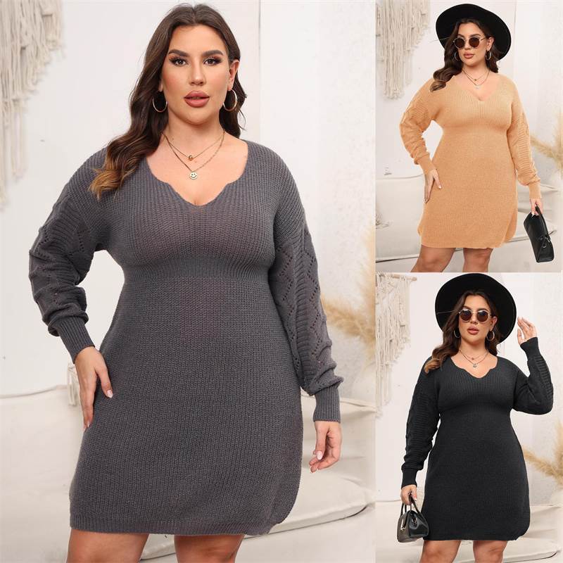 XL-3XL women dresses sweater ladies skirt秋冬V领毛衣裙连衣裙