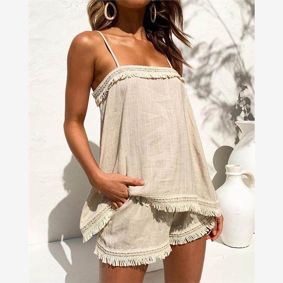 Spaghetti Strap Tassel Design Top & Shorts Set流苏花边套装女