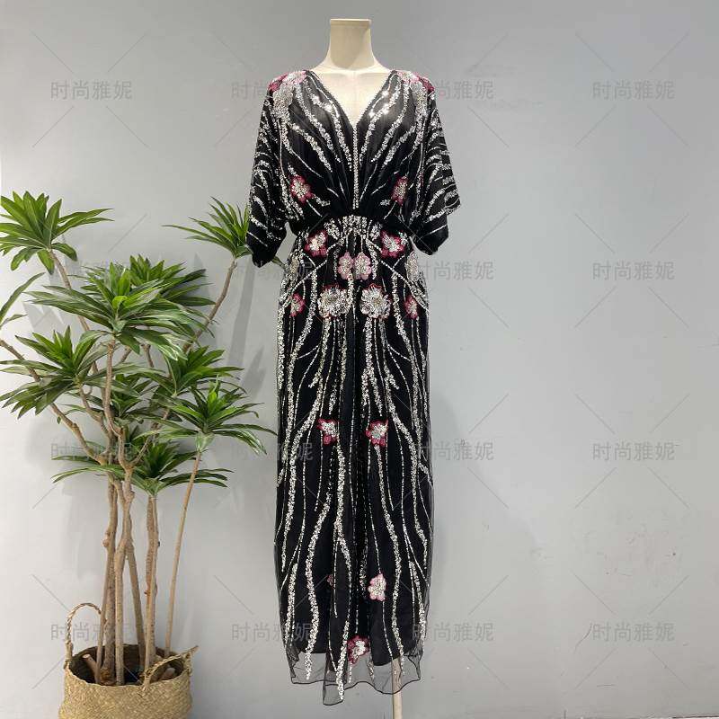时尚雅妮新款欧美重工奢华典雅V领花朵连衣裙礼服裙亮片钉珠裙潮