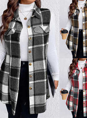 Plus size Women Casual Plaid Vest 2024Autumn Winter Tops马甲