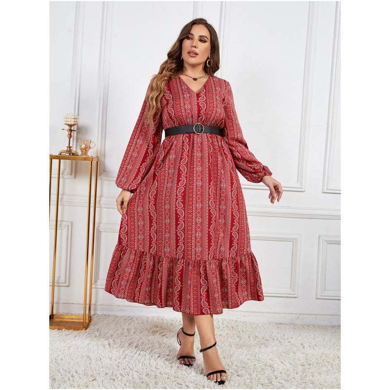 XL-4XL women dresses casual ladies skirt显瘦绑带V领长袖女裙