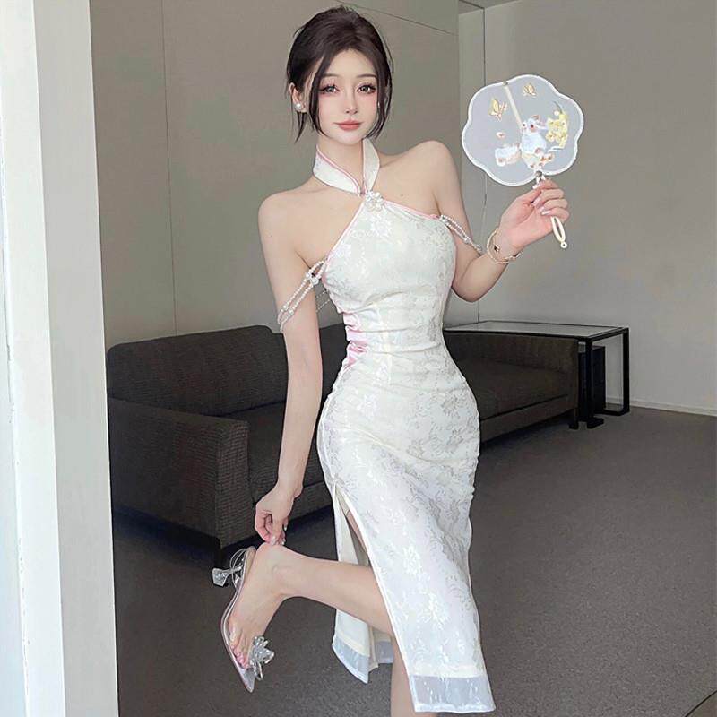 复古性感露肩年轻款改良式旗袍设计感挂脖珍珠肩带无袖吊带连衣裙