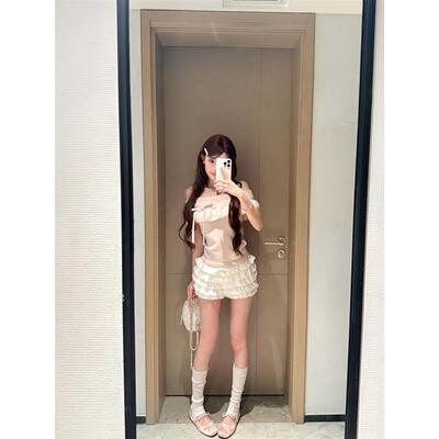 纯欲甜美套装女夏季巨好看小个子粉色一字肩上衣蛋糕短裙子两件套