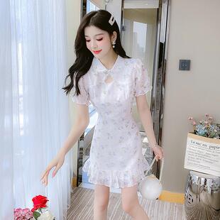 改良版旗袍雪纺连衣裙子女装夏季2026年新款小个子短款设计感小众