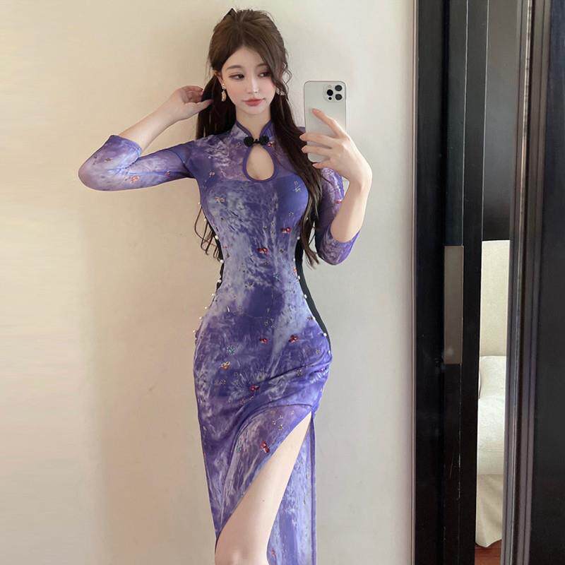 法式复古印花性感镂空显胸收腰显瘦两侧开叉长款改良版旗袍连衣裙
