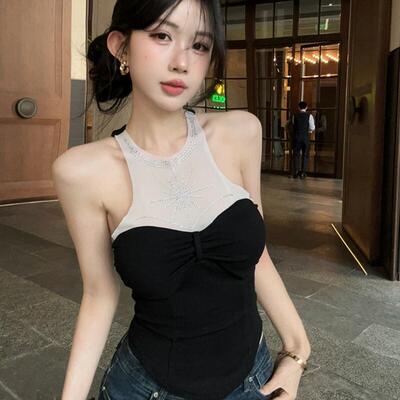 性感辣妹修身假两件裹胸型镶钻背心女夏季气质圆领拼接网纱短上衣