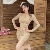 小个子纯欲辣妹设计感钉钻性感显身材蕾丝收腰长袖 打底包臀连衣裙
