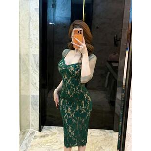 包臀长裙子 性感纯欲御姐风气质修身 法式 绿色蕾丝吊带连衣裙女夏季