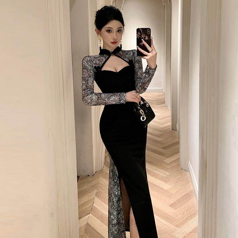 时尚气质复古新中式镂空印花改良旗袍性感开叉修身包臀长款连衣裙