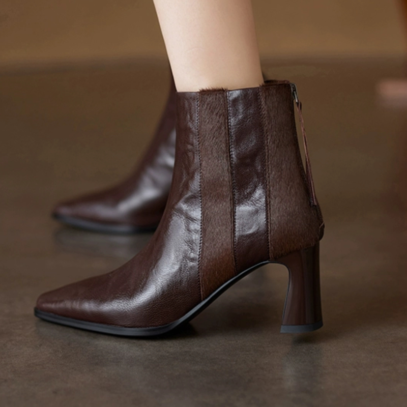 断码特价福利，6厘米粗跟小方头层羊皮短靴女鞋