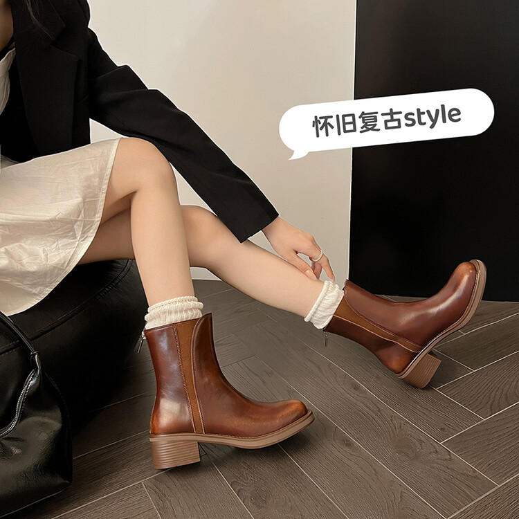 5厘米粗跟牛皮简约短靴女鞋靴复古擦色牛皮8811