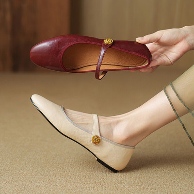 早春新款头层水晶羊皮复古百搭一字带低跟玛丽珍单鞋乐福鞋女