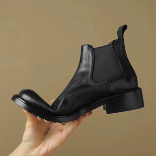 芳 3厘米粗跟头层牛皮切尔西靴女鞋 3692 特价 断码