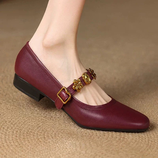 头层羊皮复古红色玛丽珍鞋2026春新款法式圆头通勤真皮单鞋女9785