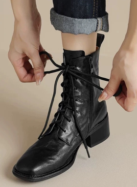 工厂断码福利，5厘米粗跟一体成型底头层羊皮马丁靴短靴女鞋-Z322
